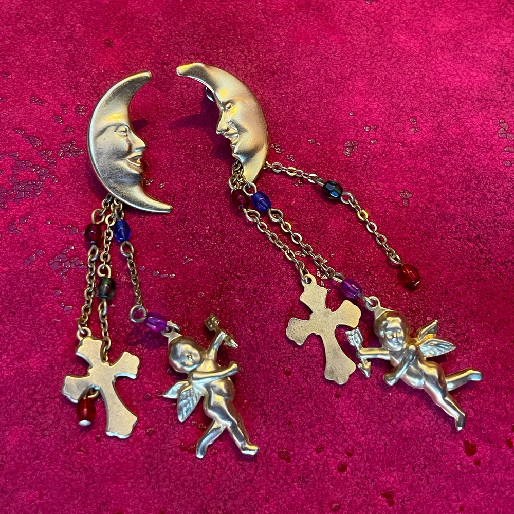 Whimsical angel and moon celestial gold dangle statement dainty layered earrings